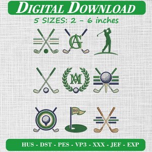 Könnte beinhalten: Ein digitales Stickmuster-Set zum Herunterladen mit neun Golf-Motiven, darunter gekreuzte Schläger, ein Golfer, ein Golfball auf einem Tee, ein Lorbeerkranz mit dem Buchstaben M und eine Fahne. Der Text lautet DIGITAL DOWNLOAD 5 SIZES: 2 - 6 inches.