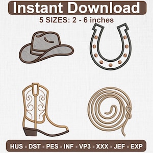 Könnte beinhalten: Ein Stickmuster-Set mit einem grauen Cowboyhut, einem schwarzen Hufeisen mit braunen Akzenten, einem beigen Cowboystiefel mit Ziernähten und einem aufgerollten Seil. Text: Instant Download, 5 SIZES: 2 - 6 inches, HUS - DST - PES - INF - VP3 - XXX - JEF - EXP.