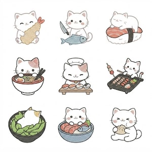 Kawaii Cat Japanese Embroidery Design Bundle Mother'S Day Icons, Kawaii Cat Japanese Food Machine Embroidery Set, DST PES Digital Download