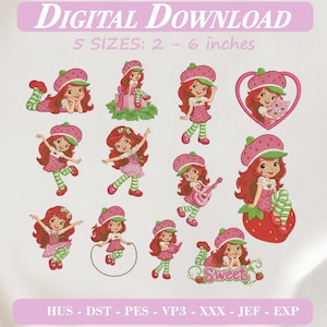 May include: A digital download embroidery design set featuring twelve illustrations of a red-haired character wearing a strawberry hat, green and white striped leggings, and a pink dress. Text includes DIGITAL DOWNLOAD, 5 SIZES: 2 - 6 inches, SWEET, and HUS - DST - PES - VP3 - XXX - JEF - EXP.