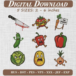 Könnte beinhalten: Digitales Stickmuster-Set zum Download mit neun Cartoon-Gemüsefiguren und einem blutigen Messer. Enthält eine Tomate mit Polizeiband, eine Karotte mit einem Schild mit der Aufschrift FOIN PROSUST, eine Gurke, eine Paprika, eine Kartoffel und eine Zwiebel.