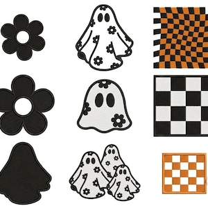 Checkered Daisy Stitch Bundle, Floral Ghost Mini Embroidery Icons, Checkered Halloween Machine Embroidery Files PES DST