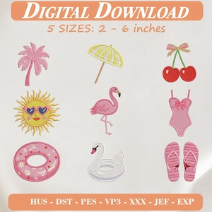 Cute Summer Beach Vacation Machine Embroidery Design Digital File, Pink Flamingo Sun Heart Sunglasses Swimsuit Swan Float Pattern.