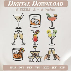 File digitale per ricamo a macchina di cocktail classici, grazioso motivo a bicchiere di whisky, martini e champagne, clipart per feste a tema bar in stile retrò