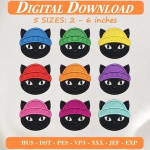 Könnte beinhalten: Digitales Stickmuster-Download-Set mit neun schwarzen Katzenköpfen, die bunte Strickmützen in Blau, Grün, Gelb, Rot, Orange, Lila, Pink, Magenta und Türkis tragen. Text: DIGITAL DOWNLOAD, 5 SIZES: 2 - 6 inches, HUS - DST - PES - VP3 - XXX - JEF - EXP.