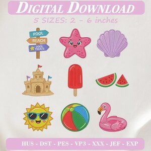 Summer Beach Pool Stitch Bundle, Summer Mini Embroidery Icons, Summer Beach Pool Party Machine Embroidery Files PES DST