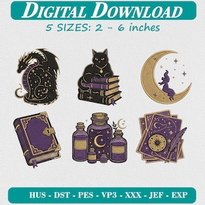 Pacchetto di disegni per ricamo gotico celeste, set di icone per ricamo a macchina dark academia, download digitale di falena drago lunare stregata DST PES
