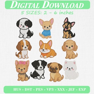 Könnte beinhalten: Ein digitales Stickmuster-Set zum Herunterladen mit neun Cartoon-Welpen verschiedener Rassen und Farben, darunter ein schwarz-weißer Hund, ein Chihuahua im blauen Pullover, ein Schäferhund, ein Spaniel, ein Corgi, ein goldener Welpe, ein Yorkshire-Terrier mit rosa Schleife, ein Mops und ein weißer Hund. Text: DIGITAL DOWNLOAD 5 SIZES: 2 - 6 inches HUS - DST - PES - VP3 - XXX - JEF - EXP.