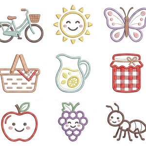 Picnic Cute Kawaii Embroidery Design Bundle, Spring Machine Embroidery Icons Set, Picnic Cute Kawaii Spring Digital Download DST PES