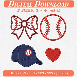 Könnte beinhalten: Digitales Stickmuster-Set zum Download mit einer Schleife im Baseball-Design, einem Baseball, einer marineblauen Baseballkappe und einem roten Herz. Text: DIGITAL DOWNLOAD, 5 SIZES: 2 - 6 inches, HUS, DST, PES, VP3, XXX, JEF, EXP.