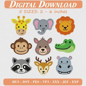 Cute Safari Animal Face Embroidery Design Set Giraffe Elephant Lion Monkey Deer Alligator Raccoon Hippo Patch