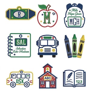 Hoop School Tag Embroidery Icons Set, Backpack Name Tag Apple Bus Notebook Ith Machine Embroidery Bundle, PES DST Files Digital Download