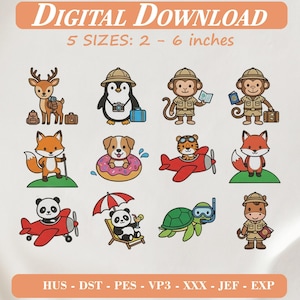 May include: A digital download embroidery file set featuring twelve cartoon animals including a deer, penguin, monkey, fox, panda, tiger, and turtle. Text reads DIGITAL DOWNLOAD, 5 SIZES: 2 - 6 inches, and HUS - DST - PES - VP3 - XXX - JEF - EXP.