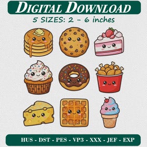 Kawaii Food Embroidery Design Set Pancake Cookie Cake Cupcake Donut Chicken Cheese Waffle Ice Cream Patch