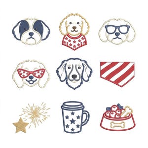 Festive Dogs Patriotic Dogs Embroidery Bundle, Puppy 4Th July Card Machine Embroidery Icons, Digital Download PES DST JEF