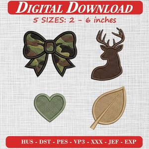 Könnte beinhalten: Digitale Stickmuster zum Herunterladen mit einer Camouflage-Schleife, einer braunen Hirschkopf-Silhouette, einem salbeigrünen Herz und einem beigen Blatt. Text: DIGITAL DOWNLOAD, 5 SIZES: 2 - 6 inches, HUS - DST - PES - VP3 - XXX - JEF - EXP.