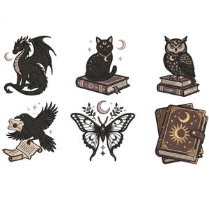 Dark Academia Gothic Celestial Embroidery Bundle, Witchy Dragon Moon Moth Machine Embroidery Icons, Digital Download PES DST JEF