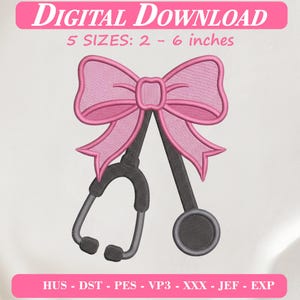 Pink Nurse Coquette Bow Stethoscope Nursing Medical Doctor Embroidery Design, Pink Machine Embroidery Pattern, DST PES Files for 4x4 Hoop