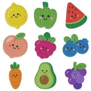 Fruits Vegetables Embroidery Icons Set, Kawaii Food Faces Kids Classroom Machine Embroidery Bundle, PES DST Files Digital Download