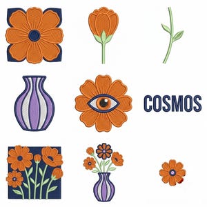 Minimalist Cosmos Embroidery Design Bundle, Floral Icons Minimalist Cosmos Flower Machine Embroidery Files, Digital Download PES DST