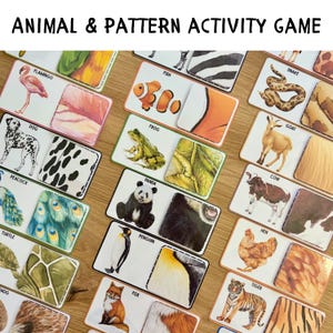 Könnte beinhalten: Ein Spiel mit Tier- und Musterkarten. Jede Karte zeigt eine Tierillustration zusammen mit einem passenden Muster. Das Spiel enthält Tiere wie Flamingo, Hund und Tiger. Der Text "ANIMAL & PATTERN ACTIVITY GAME" befindet sich oben.