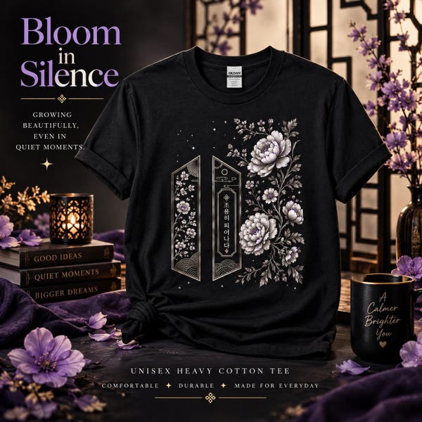 Bloom in Silence Silver Silence T-shirt, koreanskinspirerad svartvit blommig botanisk t-shirt