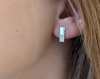 Boucles d'oreilles originales, rectangle effet texturé brut, cadeau femme fait main, bijou homme, argent massif, 1 paire