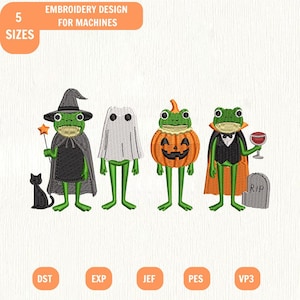 Może przedstawiać: Wzór haftu maszynowego przedstawiający cztery zielone żaby w kostiumach na Halloween: czarownicę z czarnym kotem, ducha, dynię i wampira z nagrobkiem. Tekst zawiera: 5 SIZES, EMBROIDERY DESIGN FOR MACHINES, DST, EXP, JEF, PES, VP3.