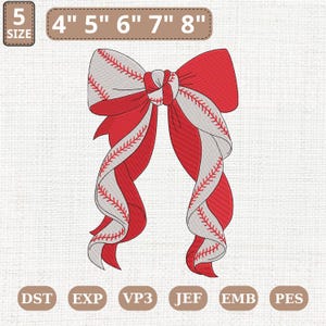 May include: A decorative bow design featuring red and white baseball stitching. The bow has a central knot with flowing ribbons. The image includes size options from 4" to 8" and file type abbreviations: DST, EXP, VP3, JEF, EMB, and PES.
