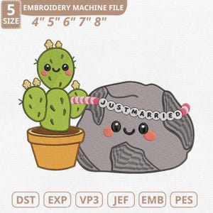 Puede incluir: Archivo de máquina de bordar con un cactus de dibujos animados en una maceta y una roca sonriente con una diadema "JUST MARRIED". Tamaños: 10.16 cm, 12.7 cm, 15.24 cm, 17.78 cm, y 20.32 cm. Formatos: DST, EXP, VP3, JEF, EMB, y PES.