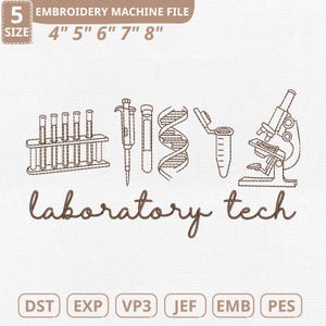 May include: An embroidery machine file design showing laboratory equipment including test tubes, a pipette, DNA, and a microscope. The text "laboratory tech" is included. The design sizes range from 10.16 to 20.32 cm.
