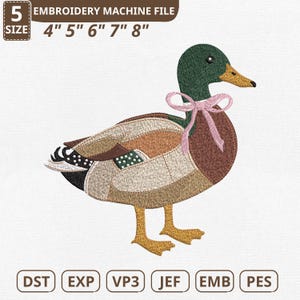 May include: An embroidered duck design with a green head, brown body, and yellow feet. The duck has a pink bow around its neck. The design is available in sizes 10 cm, 13 cm, 15 cm, 18 cm, and 20 cm and is an embroidery machine file.