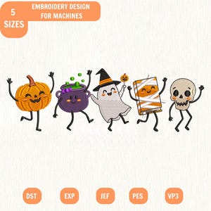 Puede incluir: Un diseño de bordado para máquinas con cinco personajes de Halloween: una calabaza naranja, un caldero morado con burbujas verdes, un fantasma blanco con sombrero negro, una momia y una calavera beige, con el texto 5 SIZES.