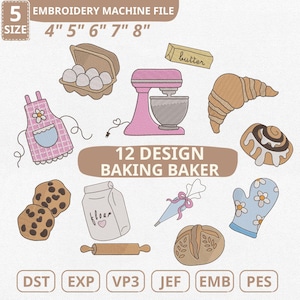 Könnte beinhalten: Eine Stickmaschinen-Datei mit 12 Designs zum Thema Backen. Das Bild enthält einen rosa Küchenmixer, ein Croissant, ein Nudelholz, einen Beutel Mehl und andere Illustrationen zum Thema Backen. Die Dateigrößen reichen von 10.16 cm bis 20.32 cm.