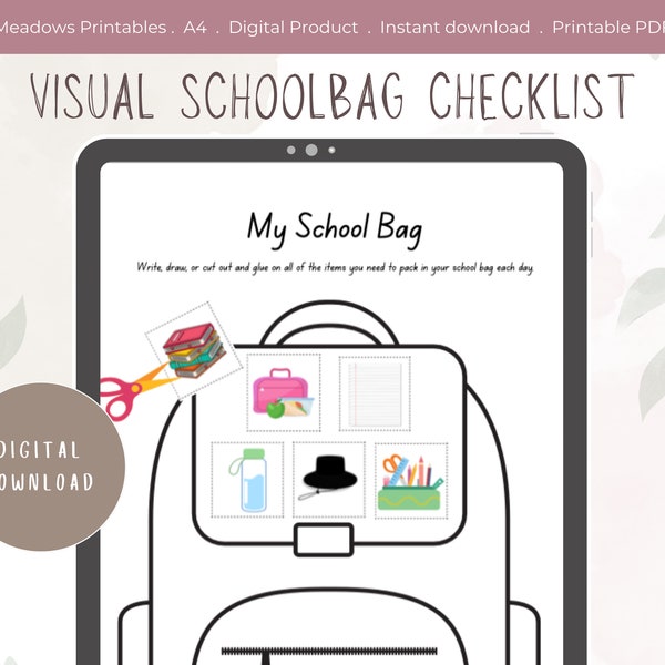 Visual Schoolbag Checklist, Backpack Checklist, Morning Routine, Kids Visual Routine Chart, Instant download, Printable PDF