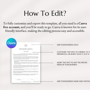 Pu&ograve; includere: Un documento bianco con il titolo "Consenso alla microblading" e istruzioni su come modificare il documento usando Canva. Le istruzioni includono l'aggiunta di un logo aziendale, la personalizzazione del font, l'adattamento del testo per soddisfare le esigenze specifiche dell'azienda e l'aggiunta del nome e dei contatti dell'azienda.