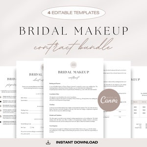 Op de afbeelding: Een bundel van vier bewerkbare sjablonen voor een bruidsmake-upcontract. De tekst bevat "BRIDAL MAKEUP contract bundle" en "INSTANT DOWNLOAD". De sjablonen zijn in zwart-wit met een beige achtergrond.