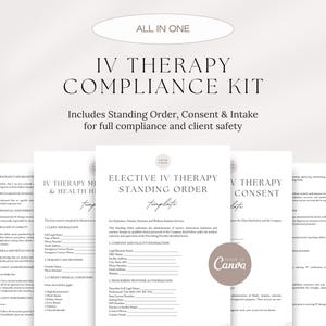 Può includere: Un set di documenti cartacei bianchi con il testo "IV THERAPY COMPLIANCE KIT" e "Includes Standing Order, Consent & Intake for full compliance and client safety". I documenti hanno uno sfondo beige e sono etichettati "ALL IN ONE".