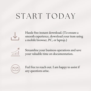 May include: A white background with the text "START TODAY" in black. Below the text are three icons: a download arrow, a graph with an upward arrow, and an envelope. The text below the icons describes the benefits of using the product, such as hassle-free instant download and streamlining business operations.