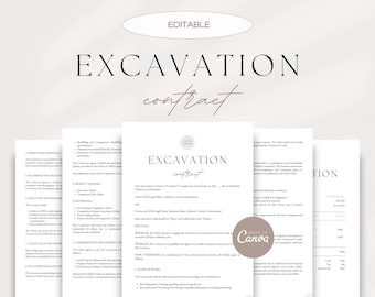 May include: Editable Excavation Contract template with a brown and white color scheme. The contract includes sections for project timeline, compensation and payment terms, and scope of work. The text "Made on Canva" is visible in the lower right corner.
