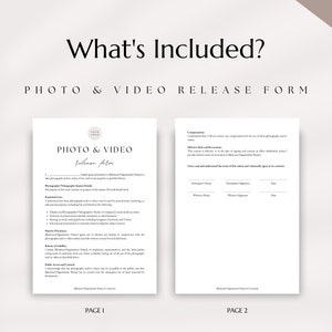 May include: A black and white photo and video release form with the text "Photo & Video Release Form" at the top. The form is divided into two pages, with "Page 1" and "Page 2" at the bottom of each page. The form includes sections for photography/videography session details, permitted use, identity of liability, release of liability, and public access and control.