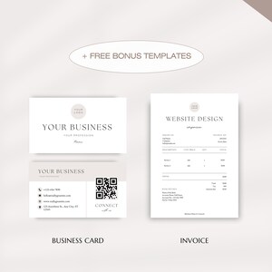 May include: A minimalist business card and invoice template design. The business card features a circle with the text "YOUR LOGO" and the text "YOUR BUSINESS" and "YOUR PROFESSION". The invoice template features the text "WEBSITE DESIGN" and includes fields for invoice number, date, customer information, item description, quantity, price, and total. Both templates are in black and white with a light gray background.