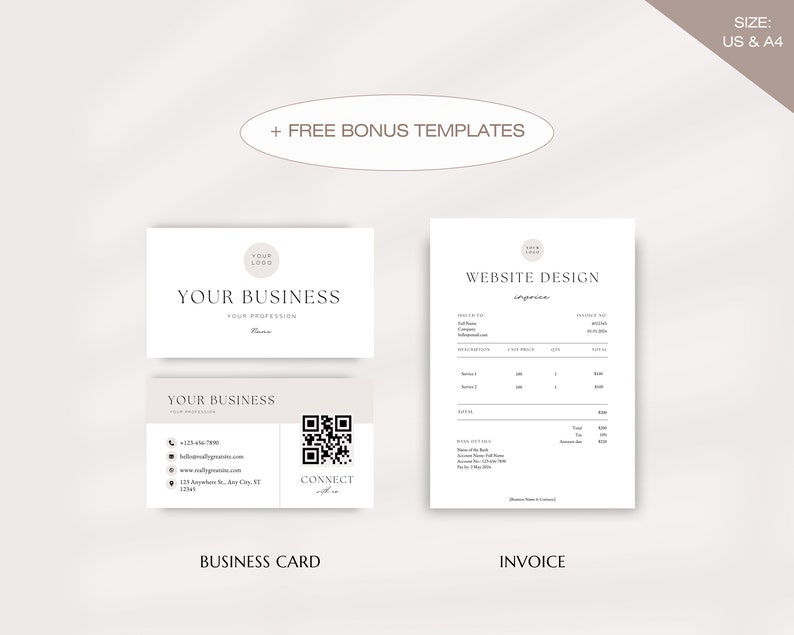 May include: A minimalist business card and invoice template design. The business card features a circle with the text "YOUR LOGO" and the text "YOUR BUSINESS" and "YOUR PROFESSION". The invoice template features the text "WEBSITE DESIGN" and includes fields for invoice number, date, customer information, item description, quantity, price, and total. Both templates are in black and white with a light gray background.
