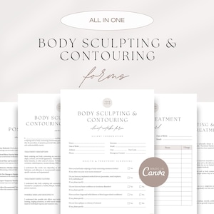 Puede incluir: Un conjunto de formularios blancos con el texto "BODY SCULPTING & CONTOURING" en un diseño minimalista. Los formularios incluyen secciones para información del cliente, detalles del tratamiento y consentimiento. Las palabras "ALL IN ONE" están en la parte superior.