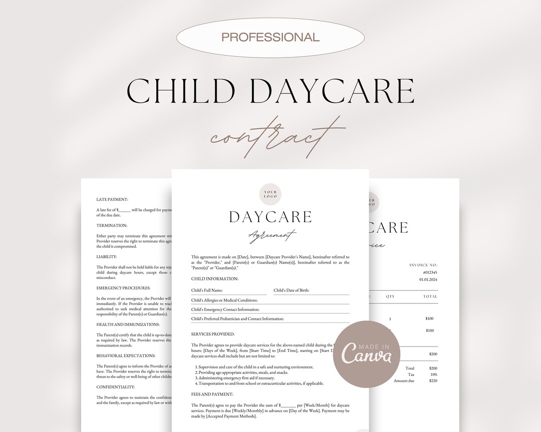 Child Daycare Agreement Template Editable Daycare Contract Daycare