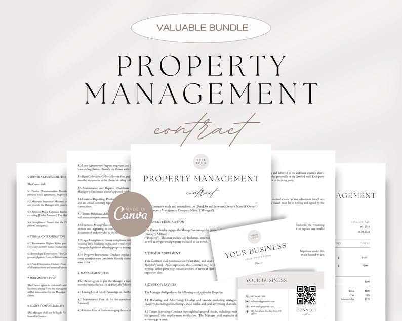 May include: A printable property management contract template in a minimalist style with a light gray background. The text "PROPERTY MANAGEMENT contract" is in a bold, black font. The template includes sections for property description, term of agreement, scope of services, and management fees.