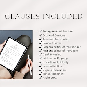 Peut inclure: Une liste de clauses incluses dans un contrat de service. Les clauses comprennent l'engagement de services, la port&eacute;e des services, la dur&eacute;e et la r&eacute;siliation, les conditions de paiement, les responsabilit&eacute;s du prestataire, les responsabilit&eacute;s du client, la confidentialit&eacute;, la propri&eacute;t&eacute; intellectuelle, la limitation de responsabilit&eacute;, l'indemnisation, la r&eacute;solution des litiges, l'accord complet, et plus encore.