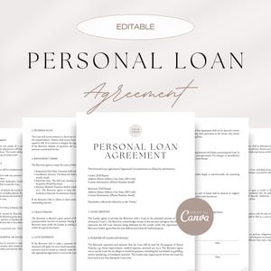 Editable Loan Agreement, Loan Agreement Between Individuals, Borrower-Lender Agreement, Personal Money Lending Agreement, Canva Template