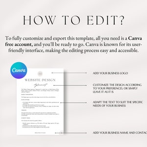 May include: A white and black graphic design template for a website design agreement. The template includes sections for the scope of work, payment terms, and a signature line. The text "Website Design Agreement" is written in a black script font. The text "Canva" is written in a blue font. The text "ADD YOUR BUSINESS LOGO", "CUSTOMIZE THE DESIGN ACCORDING TO YOUR PREFERENCES, OR SIMPLY LEAVE IT AS IT IS", "ADAPT THE TEXT TO SUIT THE SPECIFIC NEEDS OF YOUR BUSINESS", and "ADD YOUR BUSINESS NAME AND CONTACTS" is written in black.