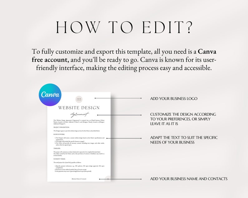 May include: A white and black graphic design template for a website design agreement. The template includes sections for the scope of work, payment terms, and a signature line. The text "Website Design Agreement" is written in a black script font. The text "Canva" is written in a blue font. The text "ADD YOUR BUSINESS LOGO", "CUSTOMIZE THE DESIGN ACCORDING TO YOUR PREFERENCES, OR SIMPLY LEAVE IT AS IT IS", "ADAPT THE TEXT TO SUIT THE SPECIFIC NEEDS OF YOUR BUSINESS", and "ADD YOUR BUSINESS NAME AND CONTACTS" is written in black.